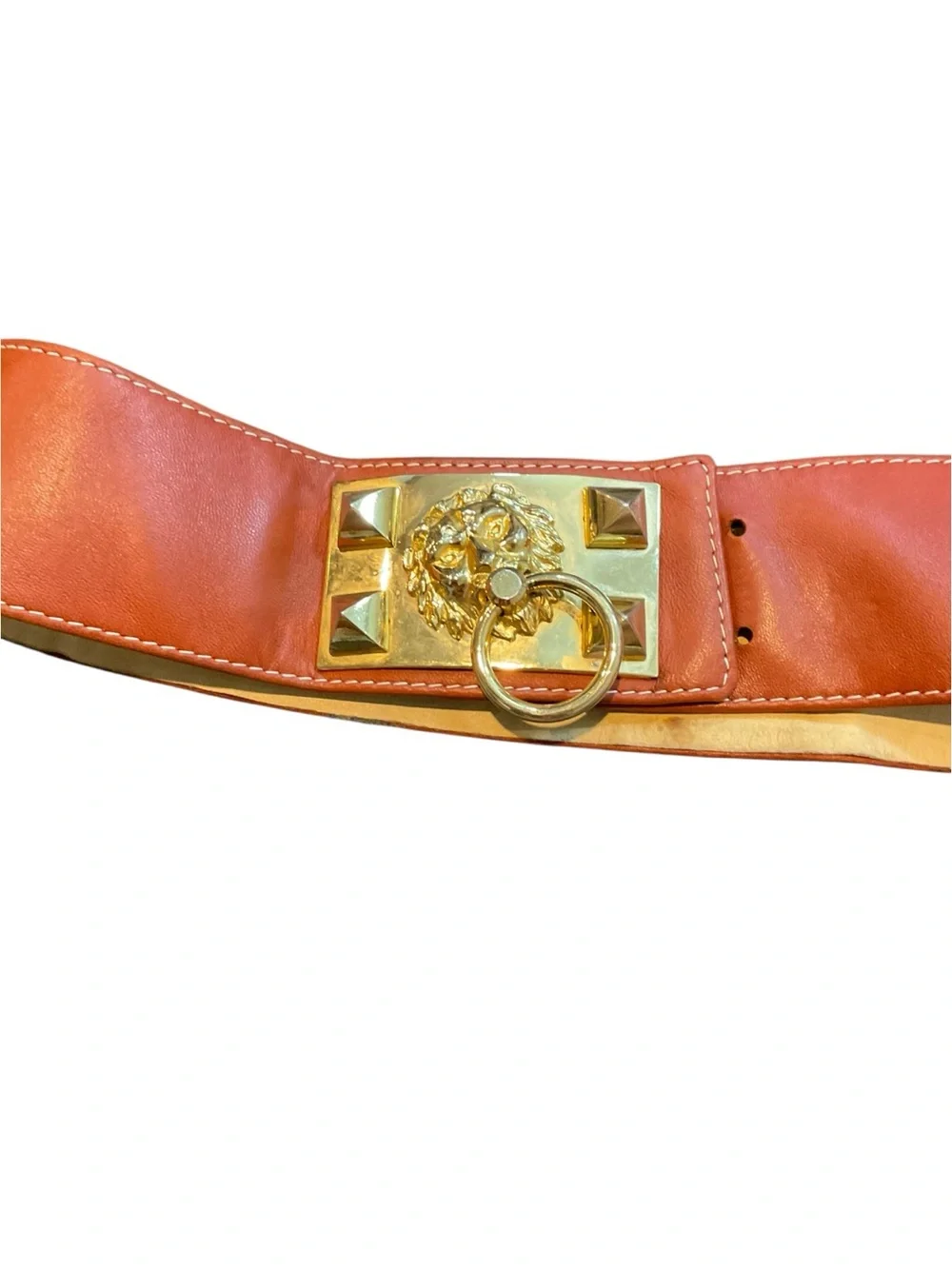 Source Unknown Orange Leather Waist Belt with Gold Lion Ring Accents